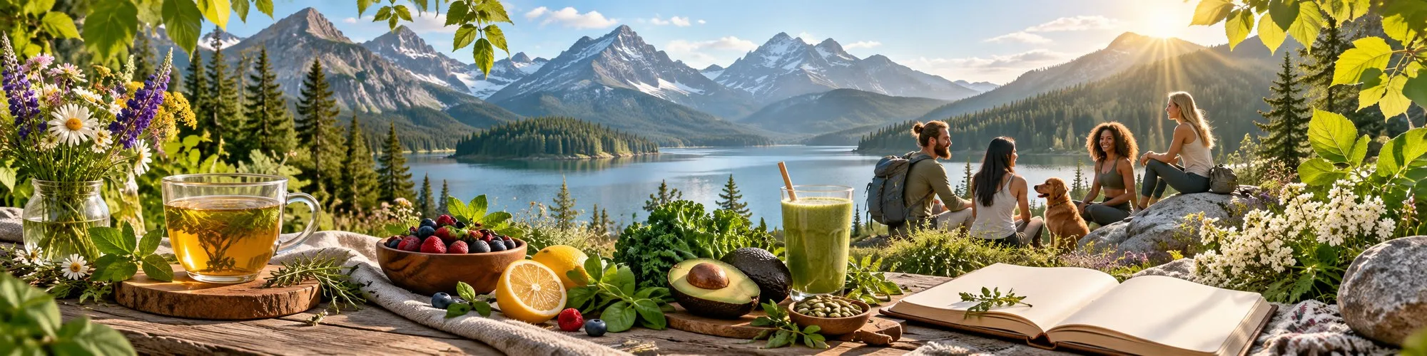 Herbal tea, fresh berries, avocado and a green smoothie on a wooden table, with a group of friends and a dog resting by a mountain lake beyond.
