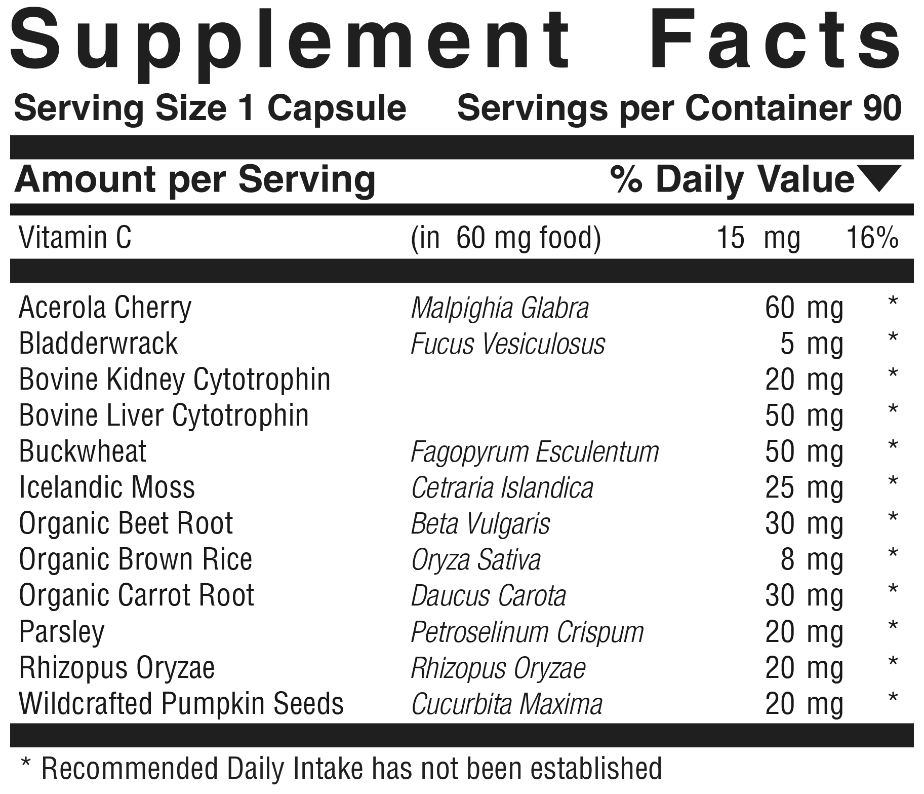 Supplement facts panel for Arginase Bladder