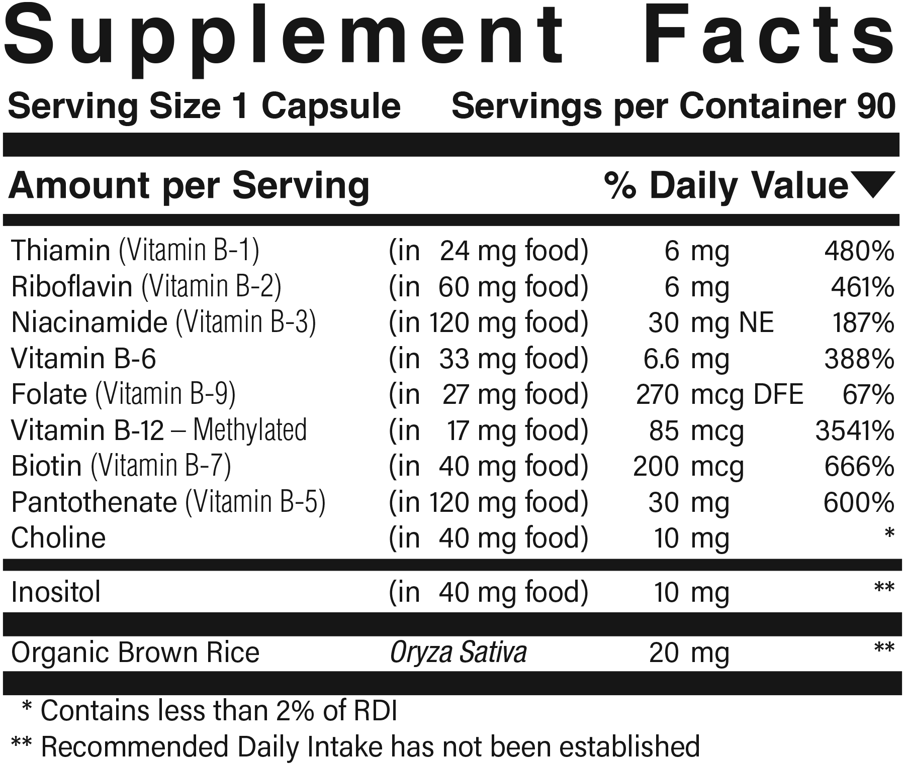 Supplement facts panel for B Stress Complex