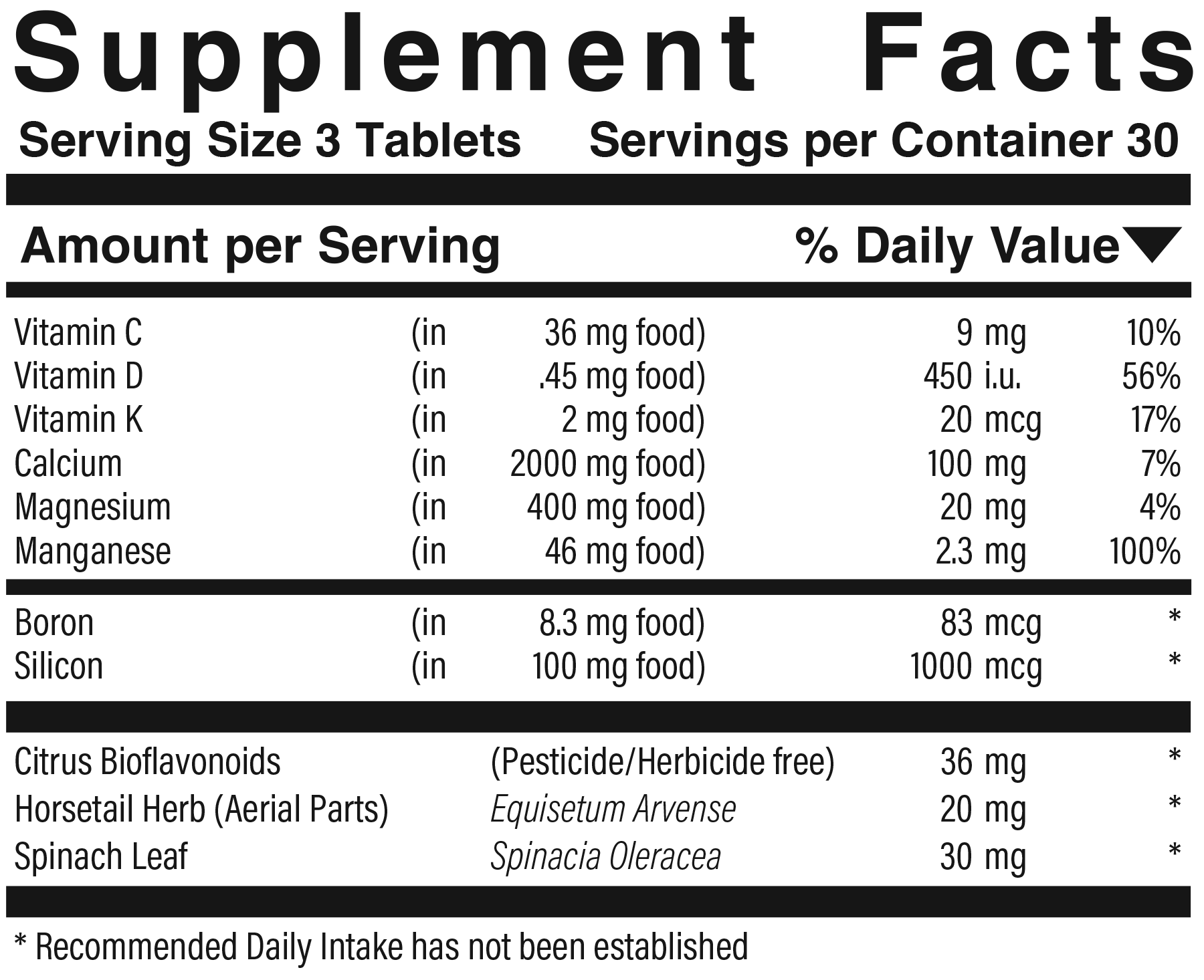 Supplement facts panel for Cal-Mag Complex