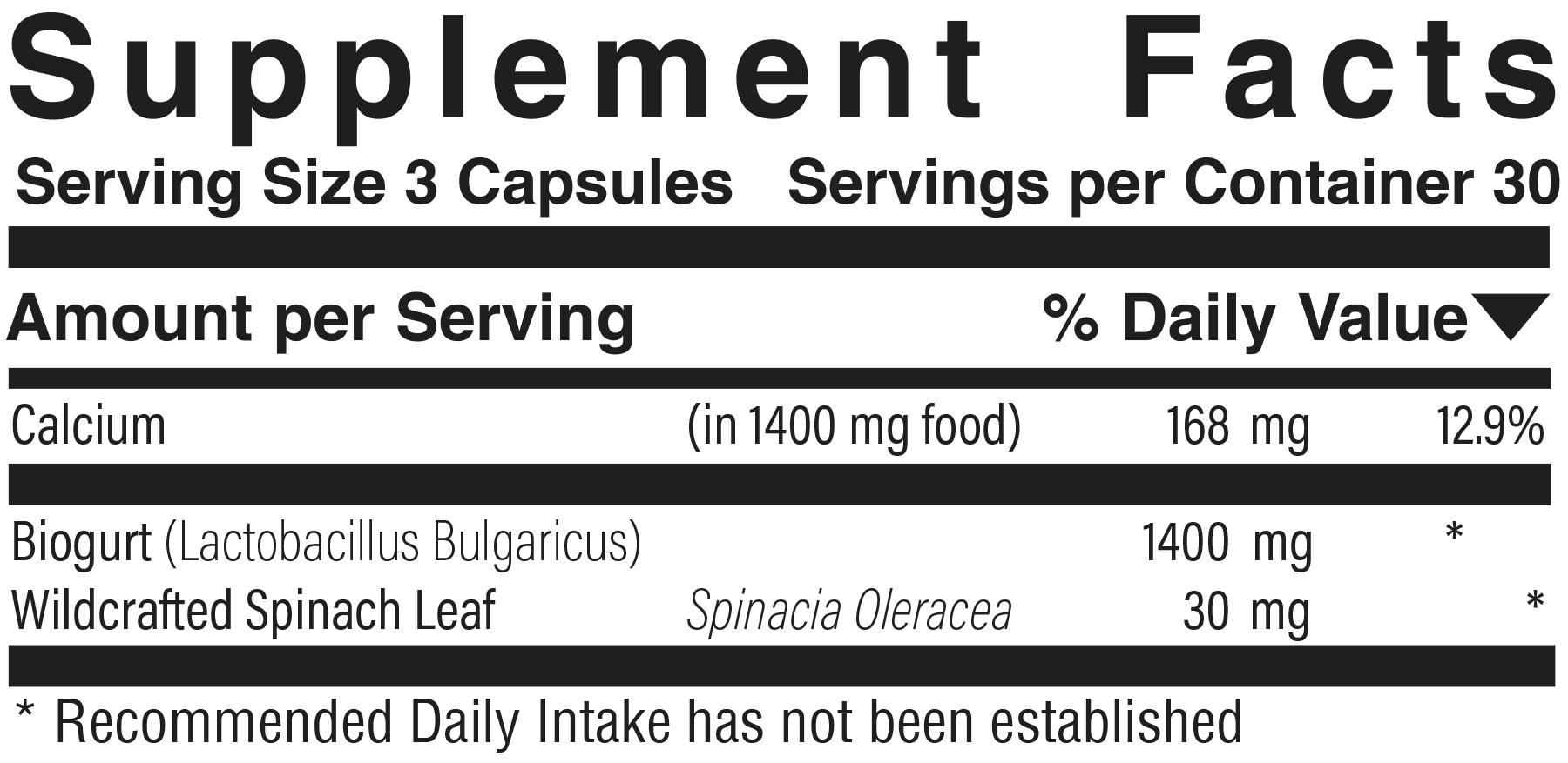 Supplement facts panel for Calcium Complex