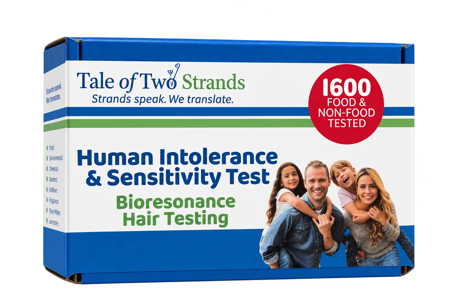 The Tale of Two Strands Human Intolerance & Sensitivity Test box, showing a family and a 1,600 food and non-food tested badge.