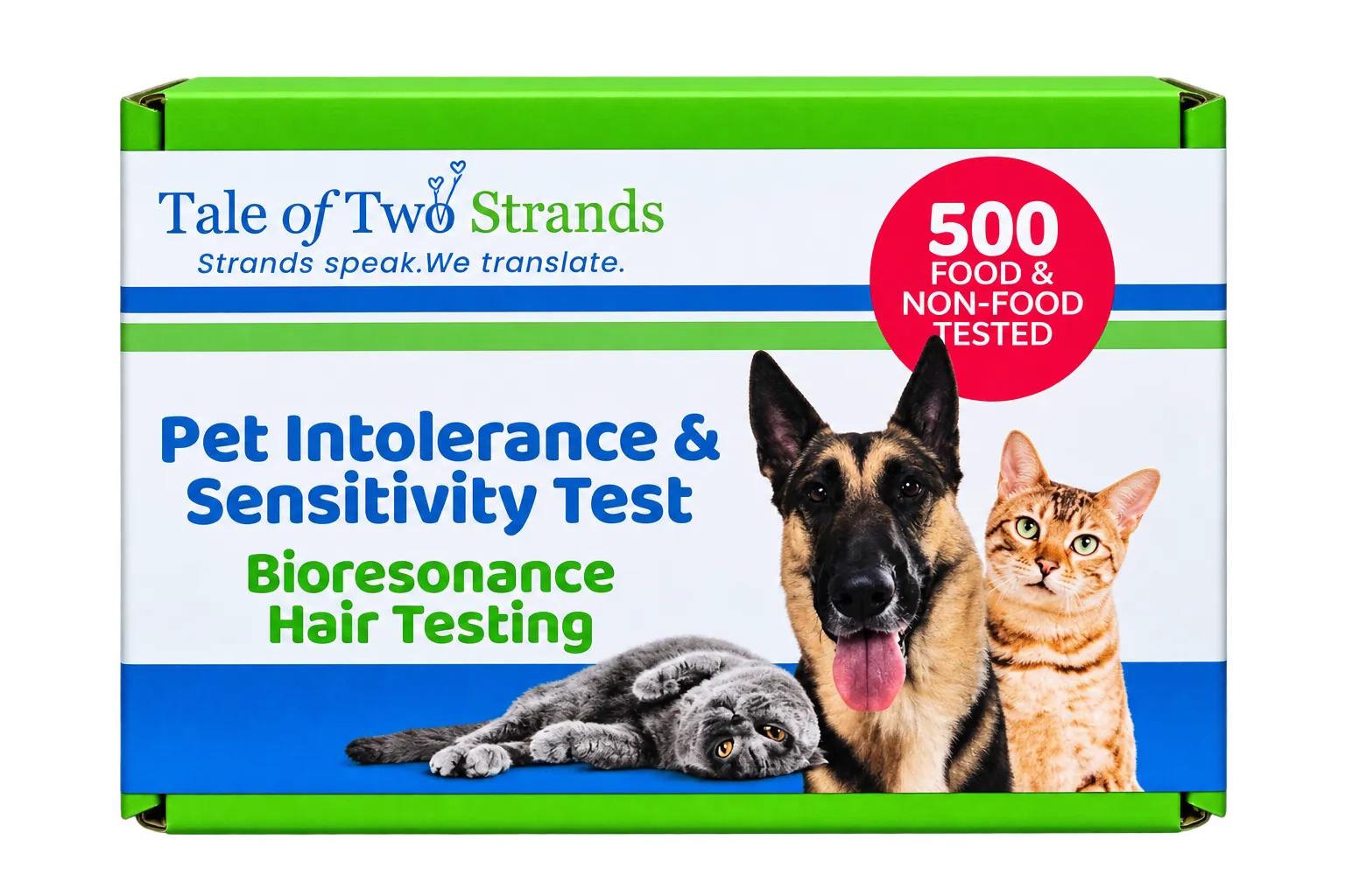 The Tale of Two Strands Pet Intolerance & Sensitivity Test box, showing a German Shepherd and two cats and a 500 food and non-food tested badge.