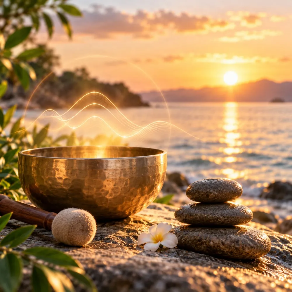 A brass singing bowl and stacked stones on a rock at sunset, beside calm water.