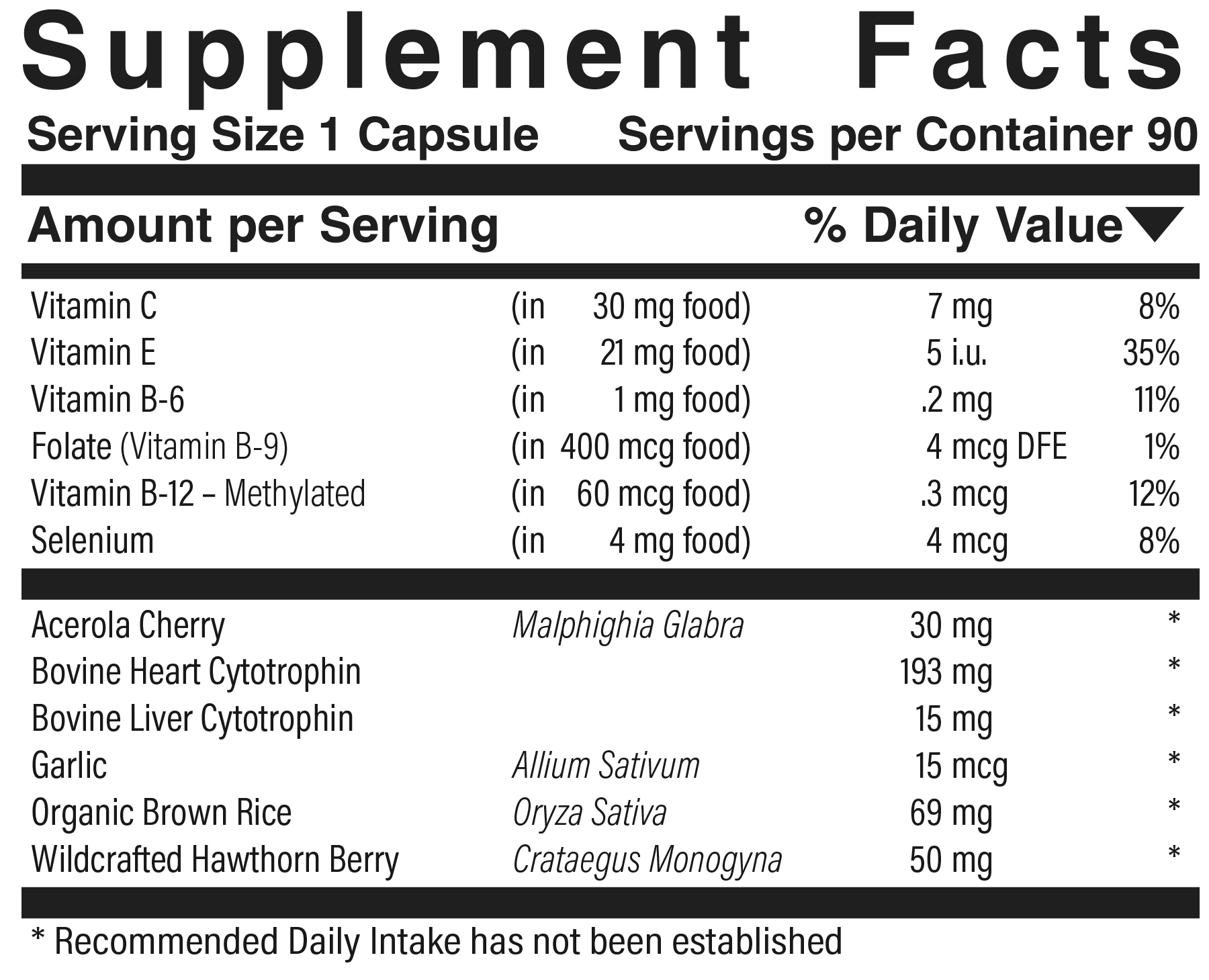 Supplement facts panel for Cardio-Power
