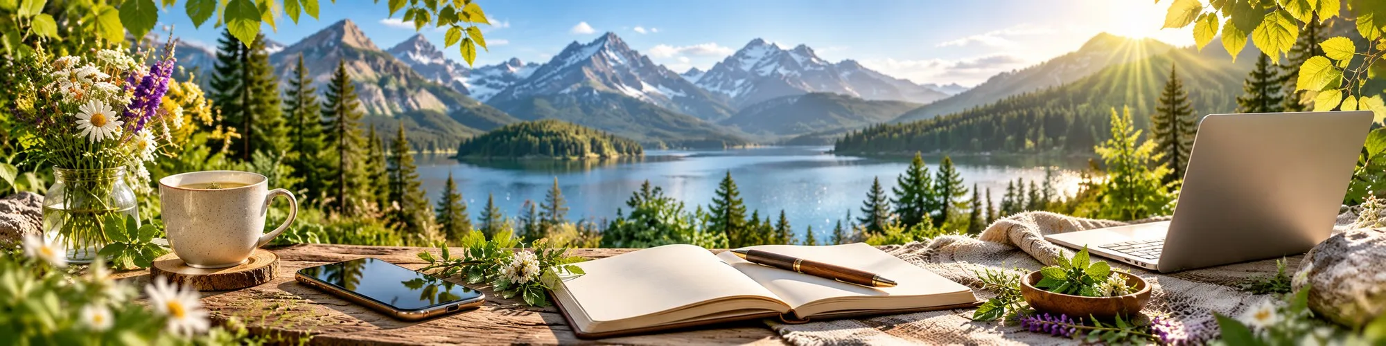A cup of tea, an open notebook and a laptop on a wooden table overlooking a mountain lake at sunrise.