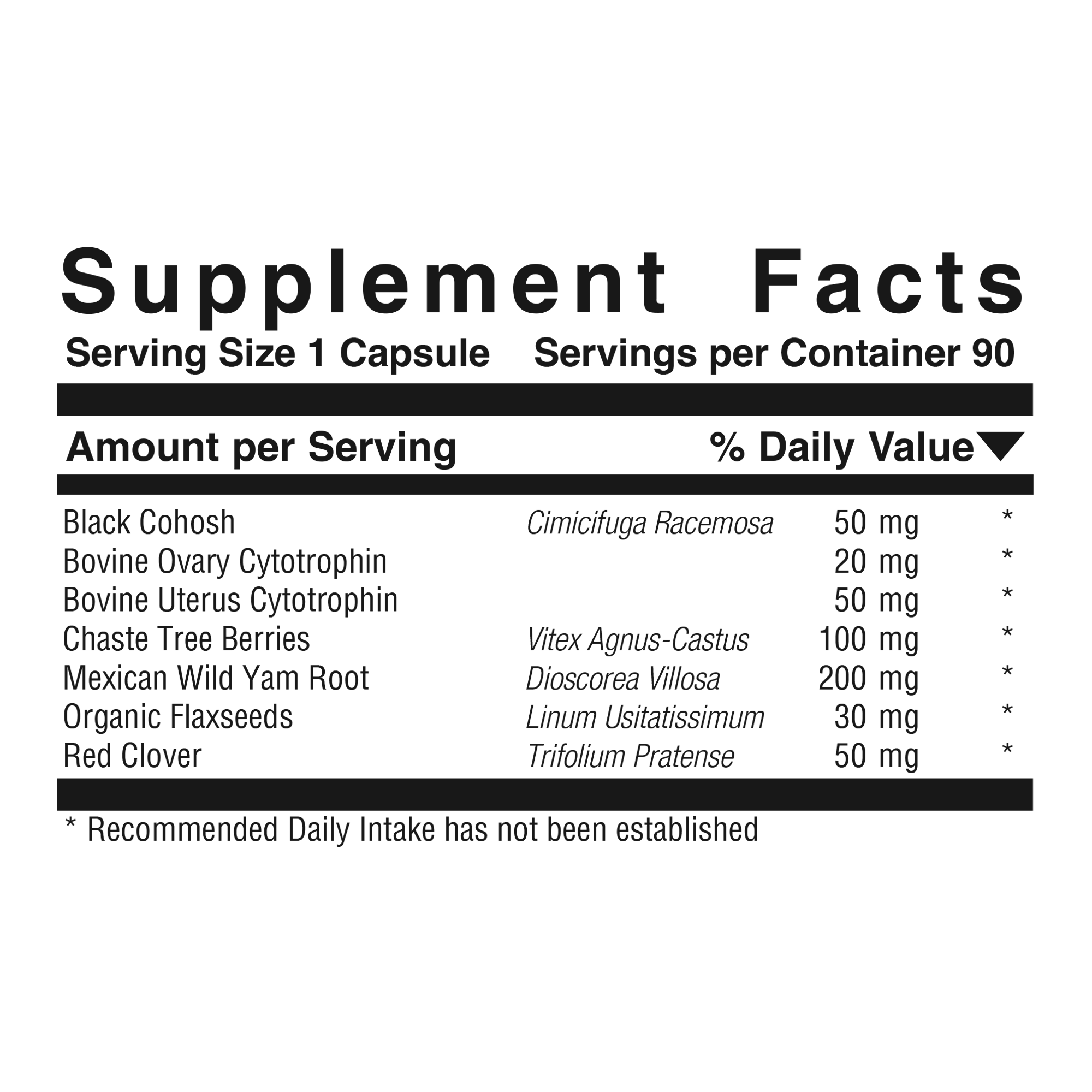 Supplement facts panel for Feminine Advantage