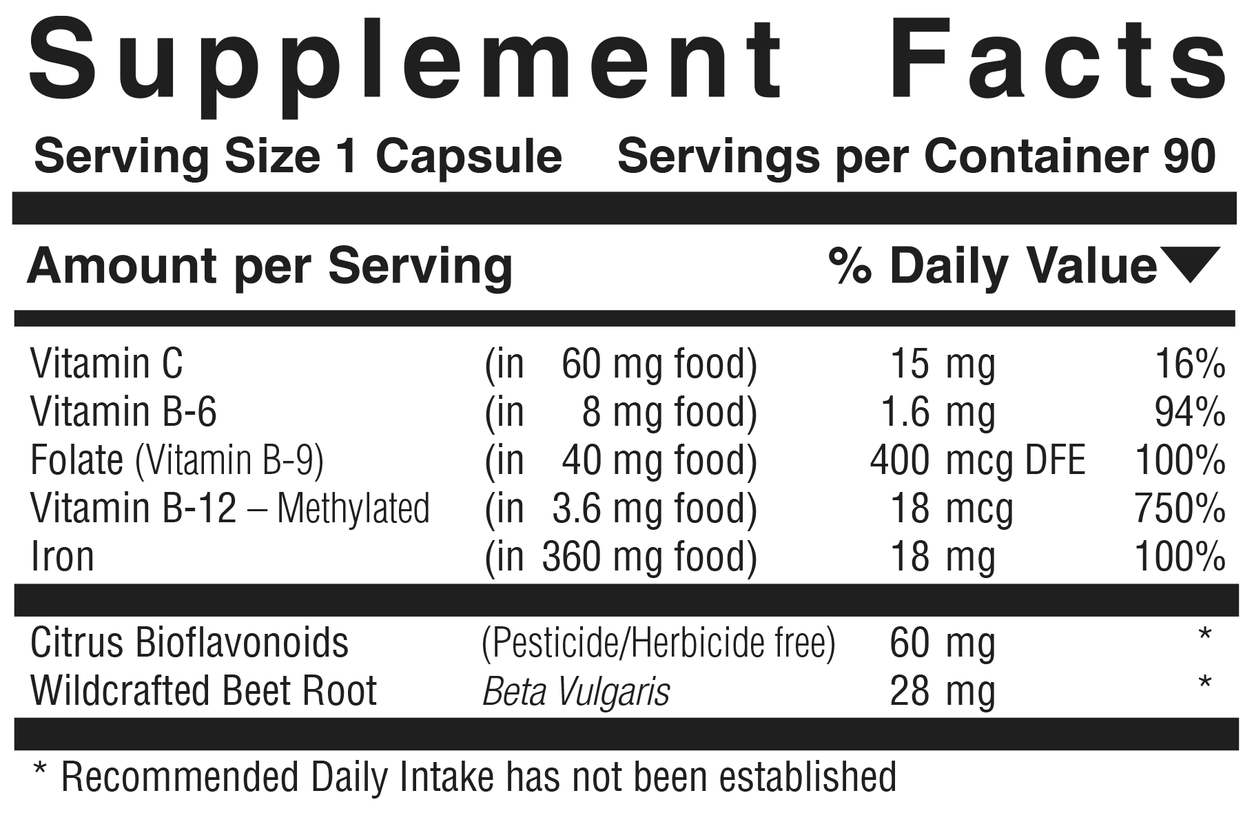 Supplement facts panel for Hematic Formula