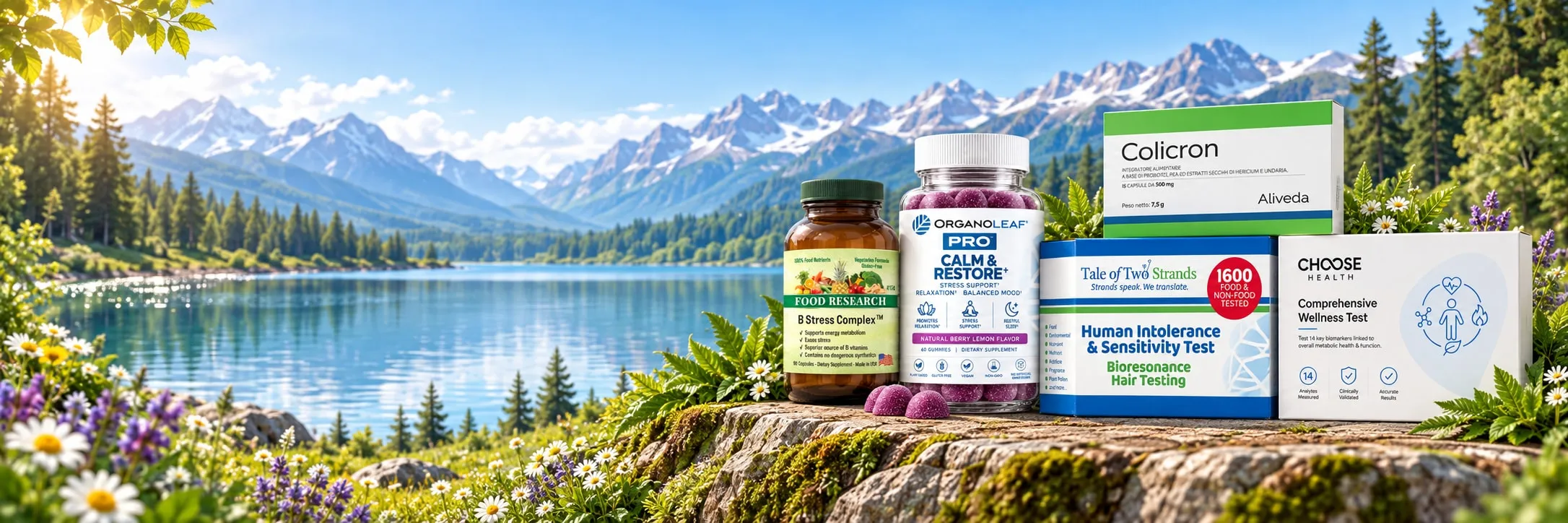 A Food Research B Stress Complex bottle, a Colicron carton, an Organoleaf Pro Creatine gummies jar, a Tale of Two Strands human intolerance test kit and a Choose Health Comprehensive Wellness Test with its collection card, arranged on a rock above a mountain lake.