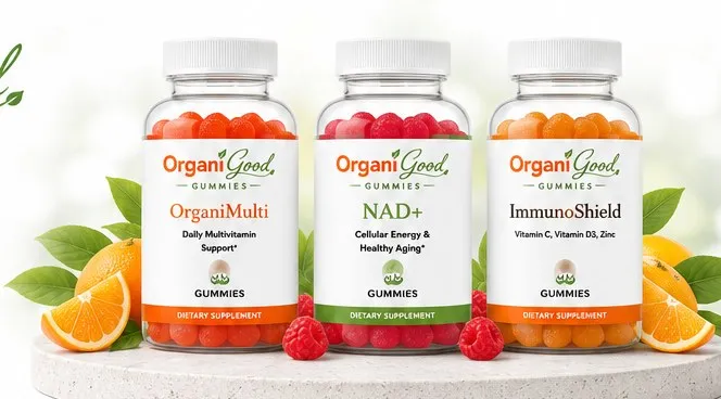 Three OrganiGood gummy bottles — OrganiMulti, NAD+ and ImmunoShield — on a stone plinth with fresh oranges and raspberries.