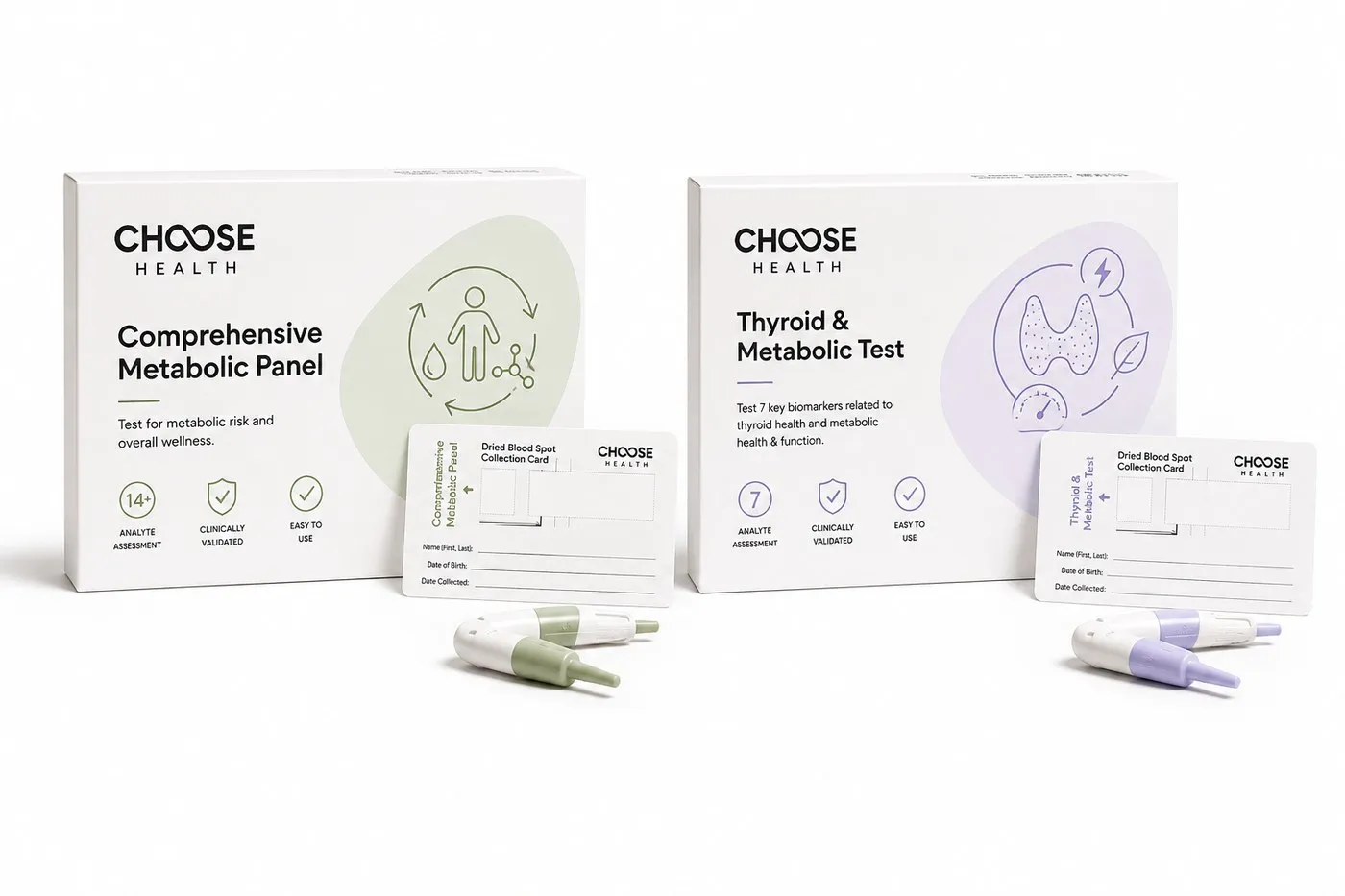 Two Choose Health test kit boxes — the Comprehensive Metabolic Panel and the Thyroid & Metabolic Test — with their dried blood spot collection cards and lancets.