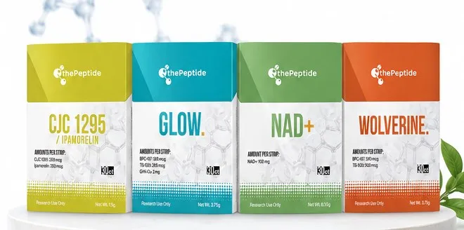 Four Yes Peps oral peptide strip cartons on a stone plinth.