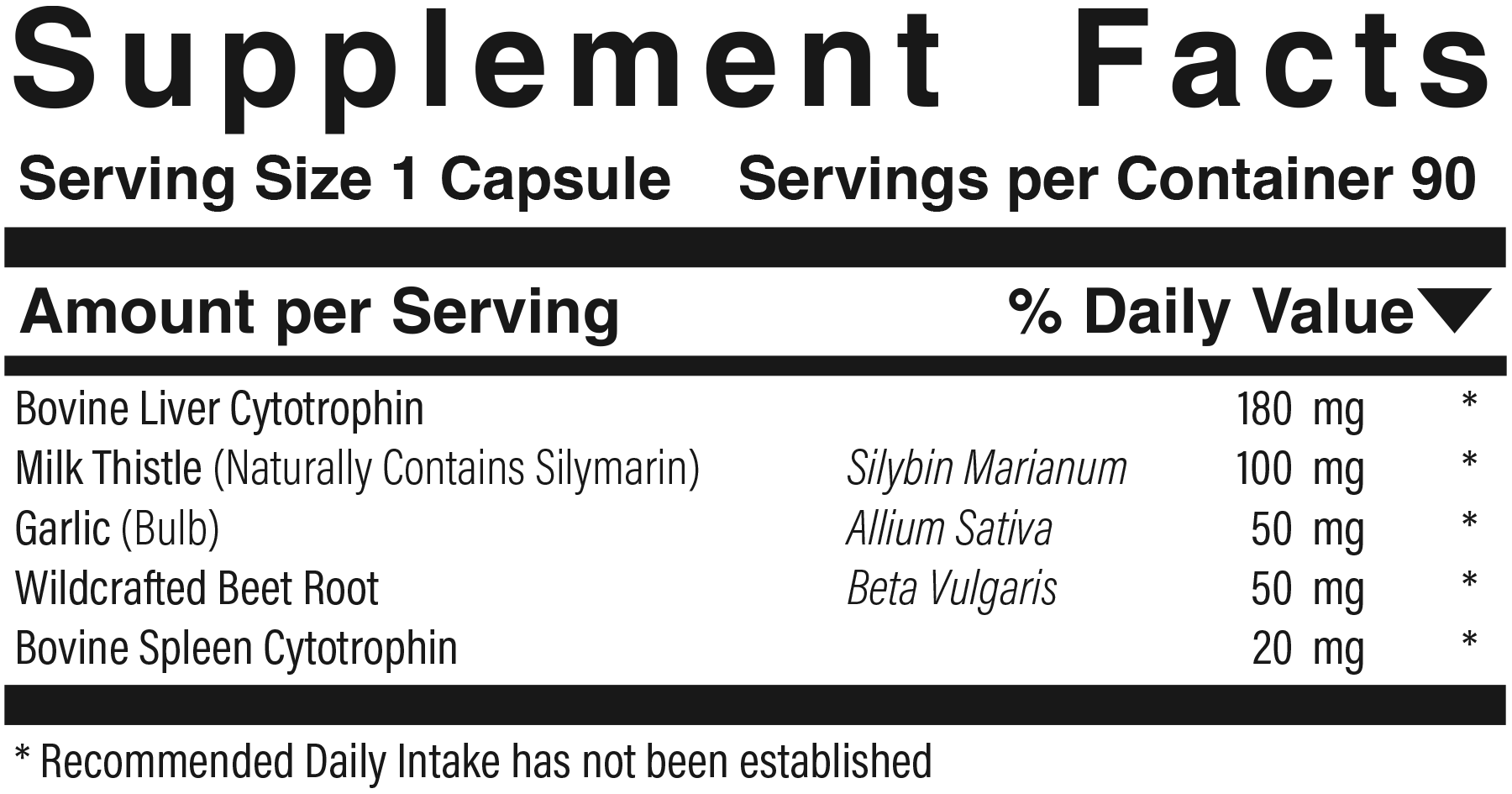 Supplement facts panel for Liva Detox & Support
