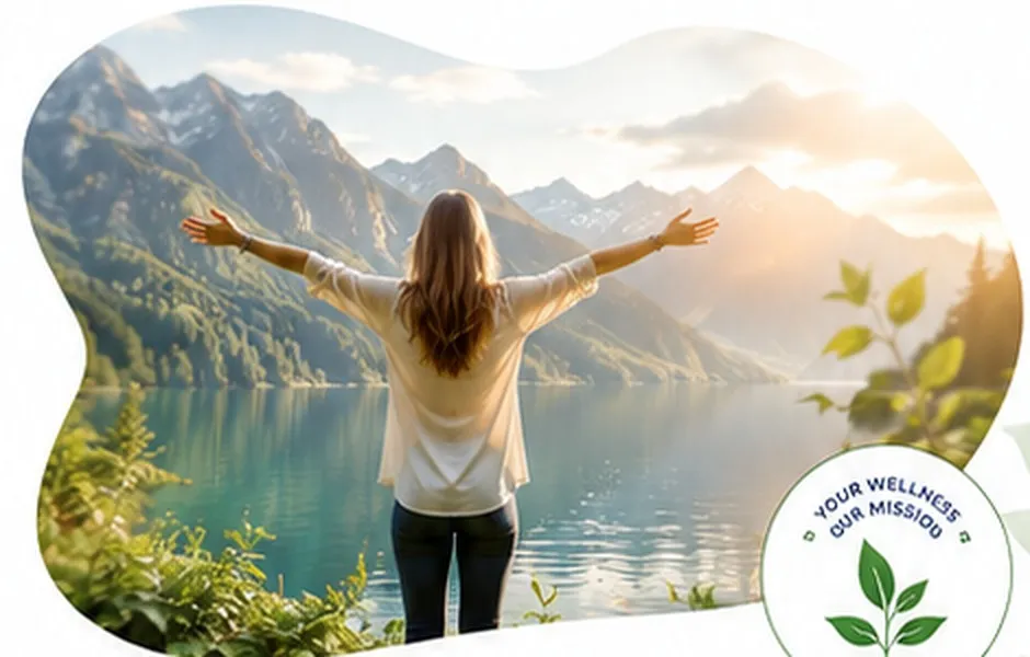 A woman standing with her arms open wide, looking out over a mountain lake at sunrise.