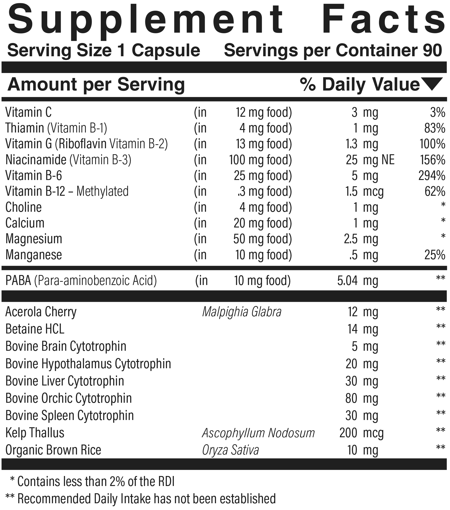 Supplement facts panel for Nerve Chex B