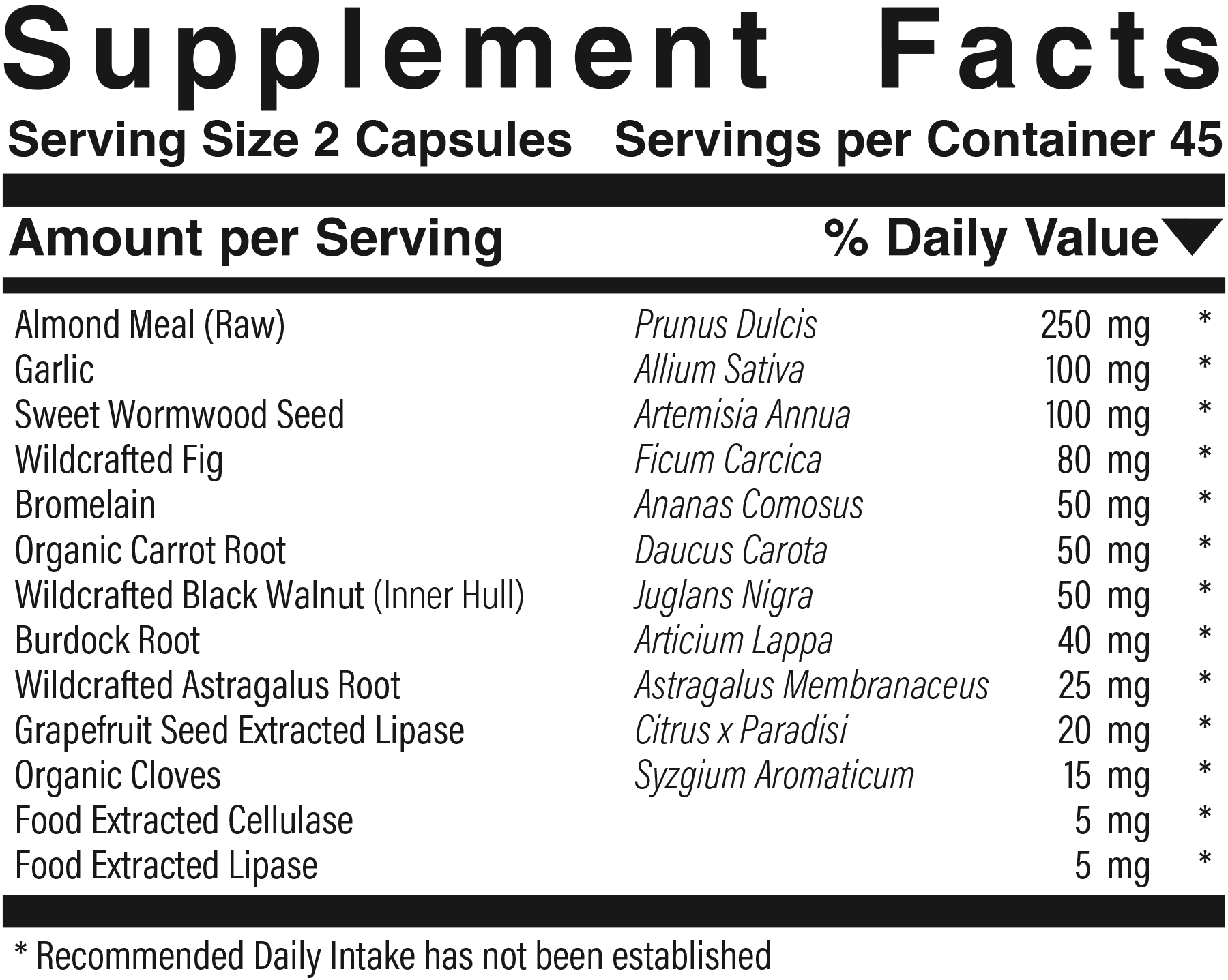 Supplement facts panel for Para-Dysbio-Zyme