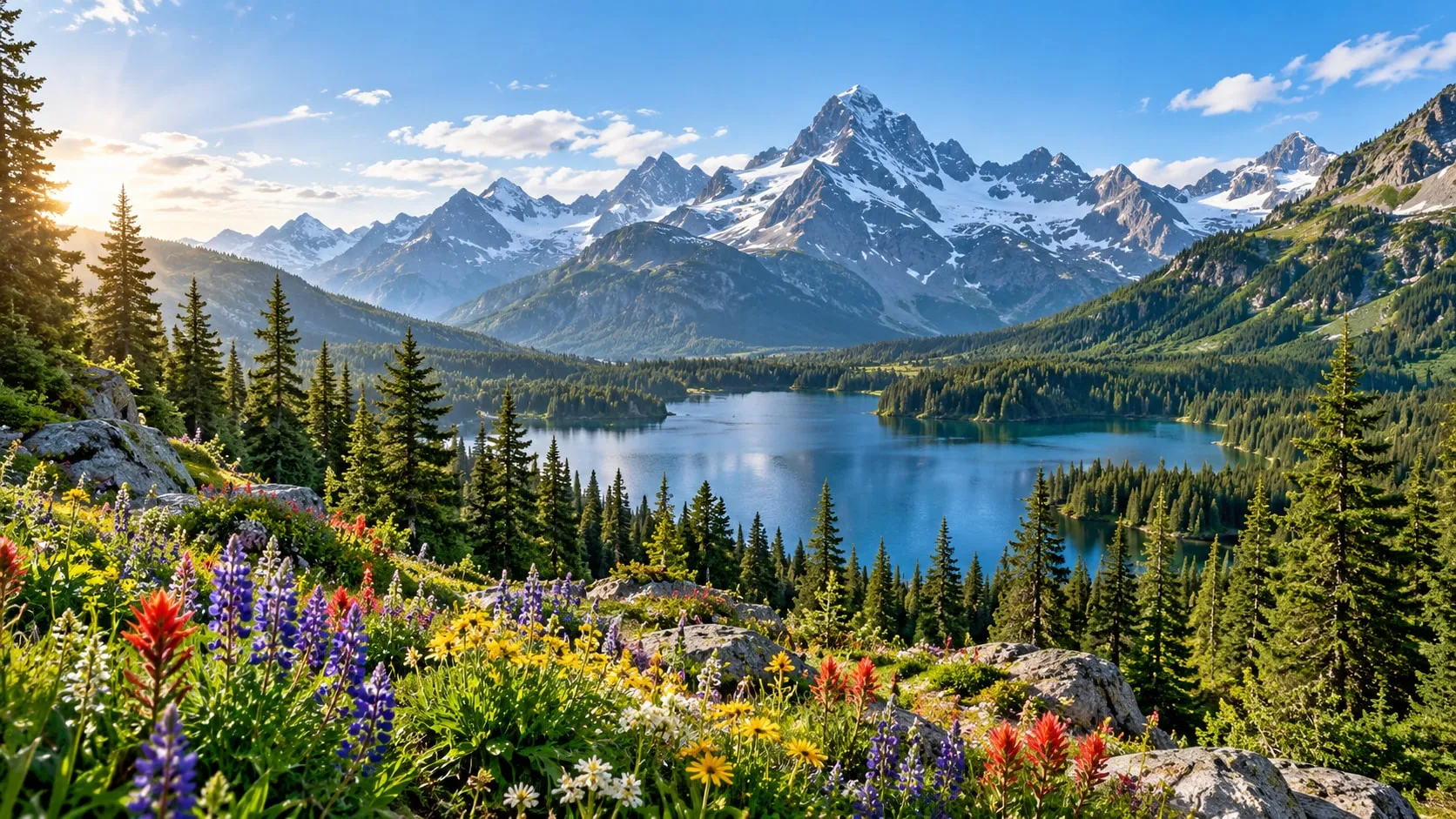 A glacial lake below snow-capped peaks, ringed by pine forest with alpine wildflowers in the foreground.
