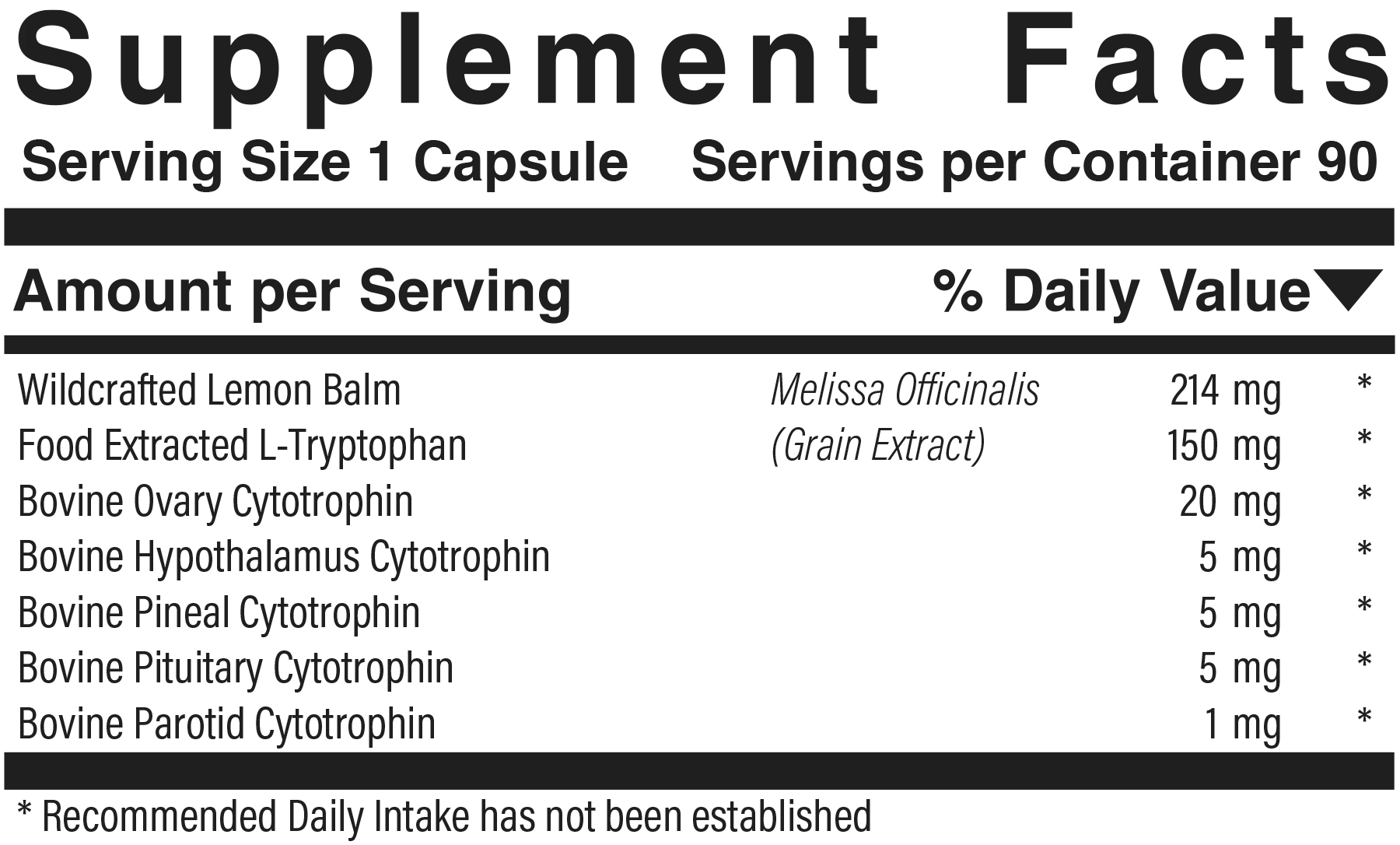 Supplement facts panel for Restful Mind Support