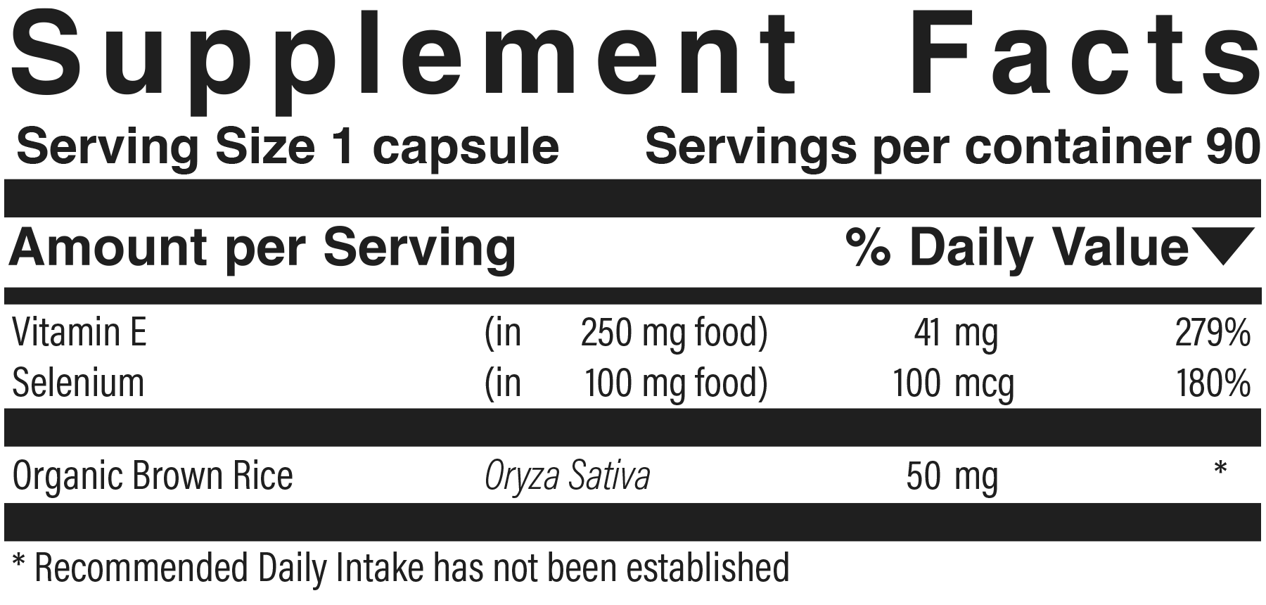 Supplement facts panel for Selenium E
