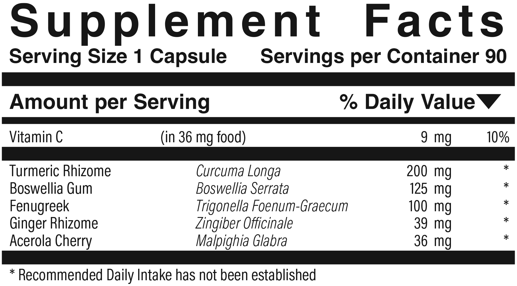Supplement facts panel for Turmeric-Boswellia C