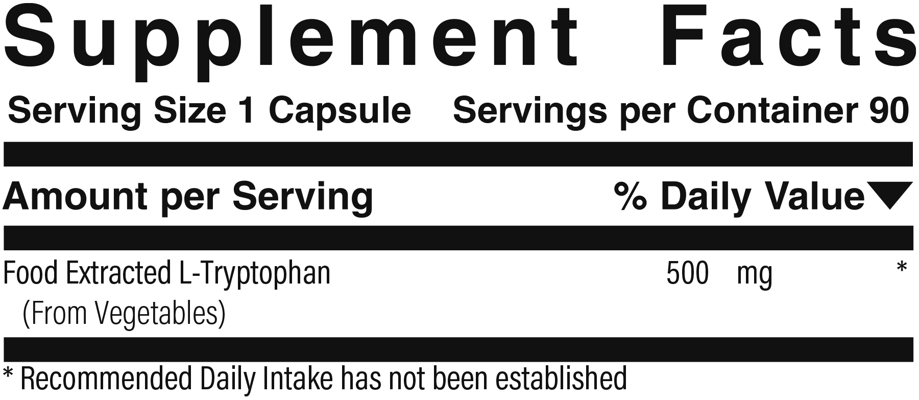 Supplement facts panel for Vegetarian Tryptophan