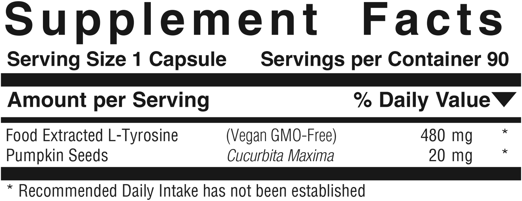 Supplement facts panel for Vegetarian Tyrosine