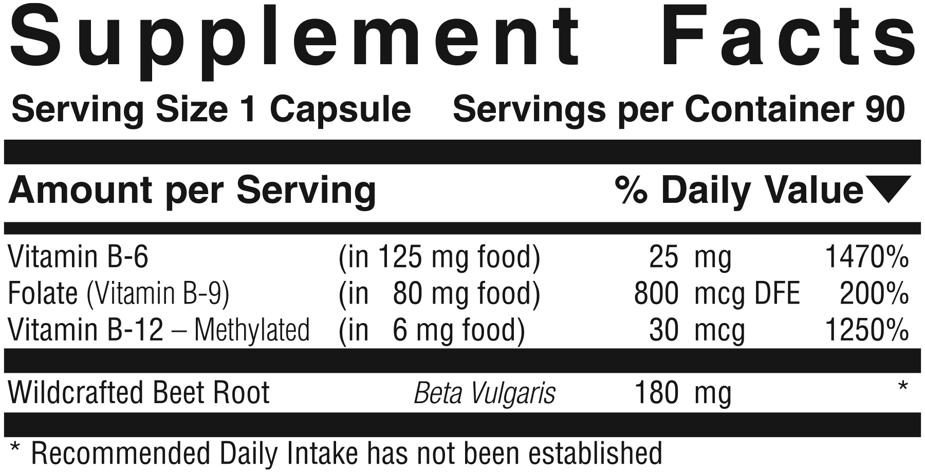 Supplement facts panel for Vitamin B6 B12 & Folate